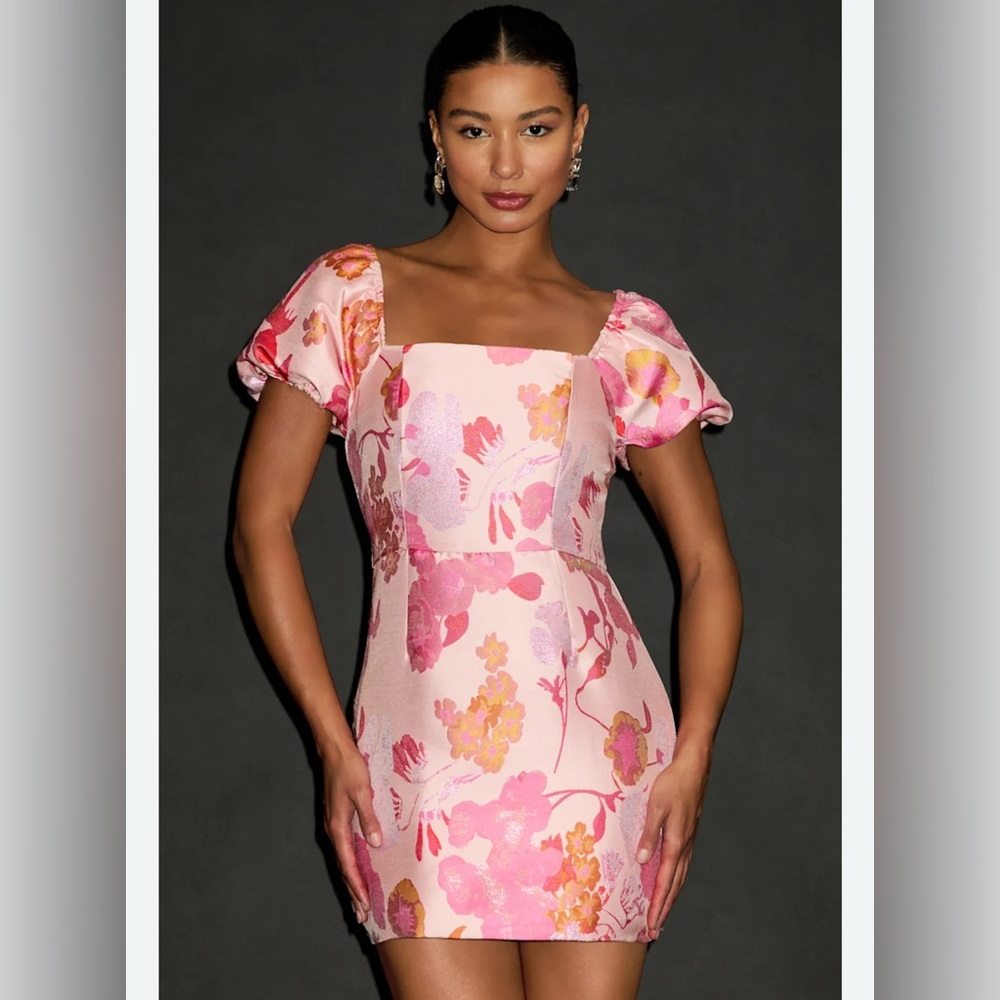 NWT So Stunning Orange Multi Floral Jacquard Puff Sleeve Mini Dress size m